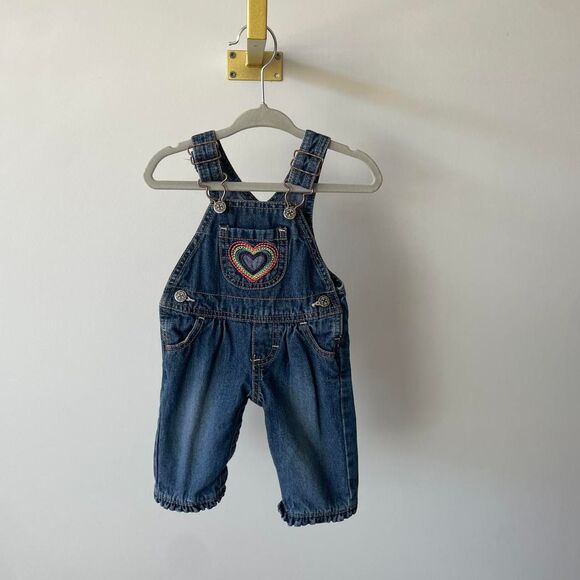 Oshkosh Bgosh Denim Overalls Rainbow Heart Patch Retro Girly Colorful Blue Jean - Picture 8 of 8
